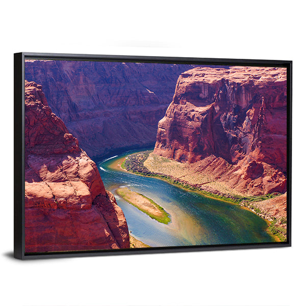 Colorado River Landscape Canvas Wall Art in brown, red and blue, framed canvas, product view on a white background