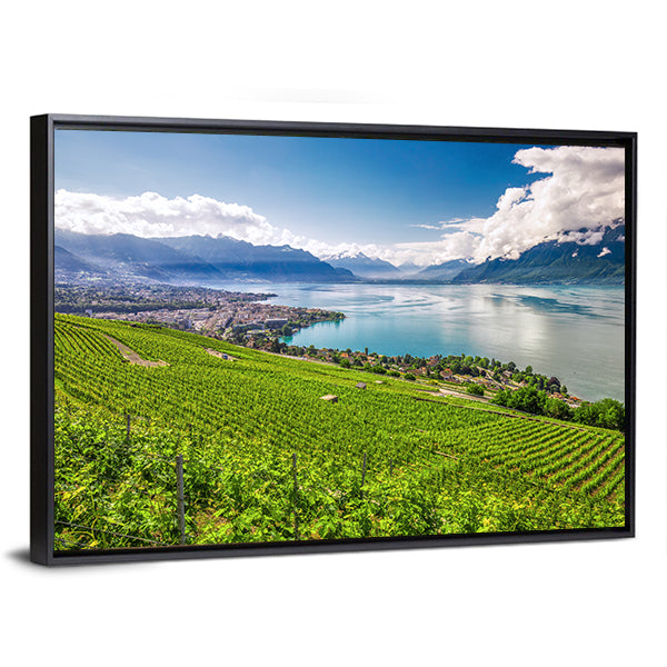 Montreux City With Swiss Alps Canvas Wall Art-1 Piece-Floating Frame-36" x 24"-Tiaracle