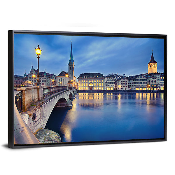 Fraumunster Church At Night Canvas Wall Art-1 Piece-Floating Frame-24" x 16"-Tiaracle