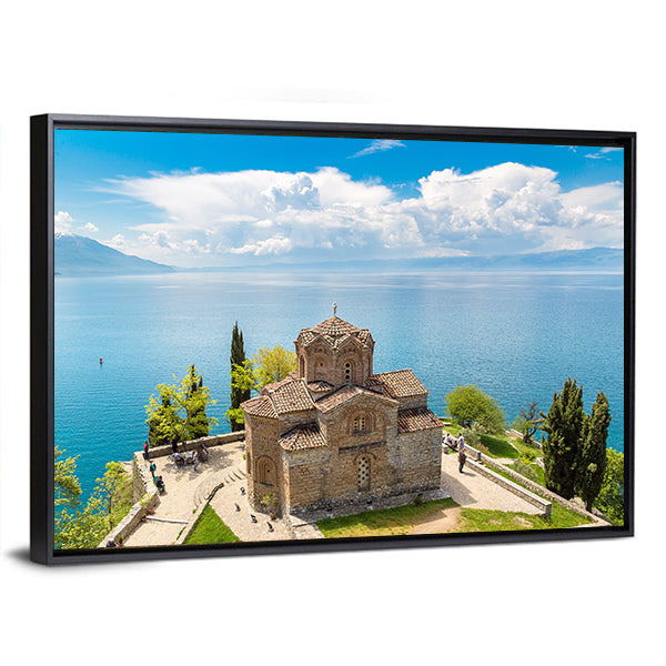 Jovan Kaneo Church Overlooking Ohrid Lake Canvas Wall Art in brown, green and blue, framed canvas, product view on a white background