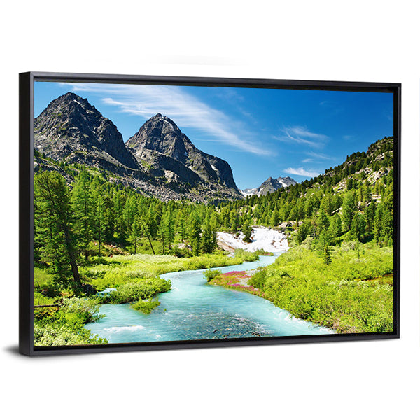 Mountain Landscape With River Canvas Wall Art-1 Piece-Floating Frame-24" x 16"-Tiaracle