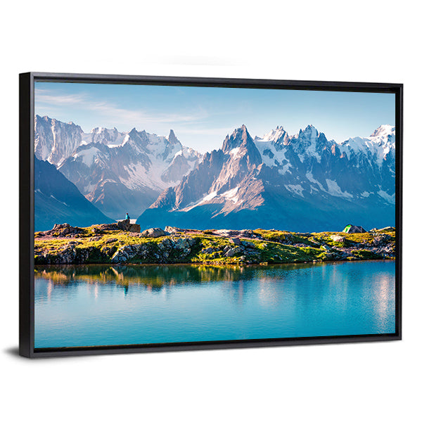 Mont Blanc With Lake Canvas Wall Art-1 Piece-Floating Frame-24" x 16"-Tiaracle