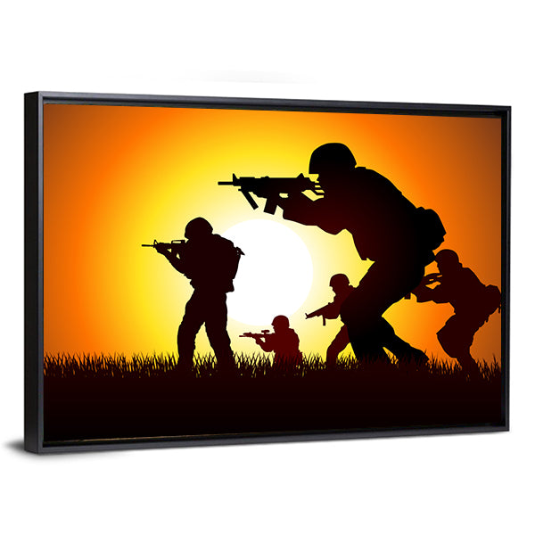 Soldiers Silhouette at Sunset Canvas Wall Art