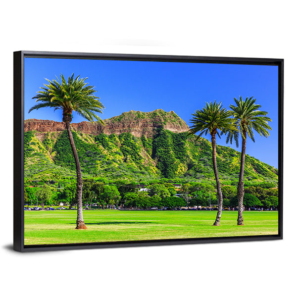 Diamond Head, Honolulu with Palm Trees Canvas Wall Art
