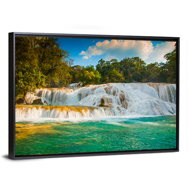 Agua Azul Waterfall Canvas Wall Art-1 Piece-Floating Frame-24" x 16"-Tiaracle