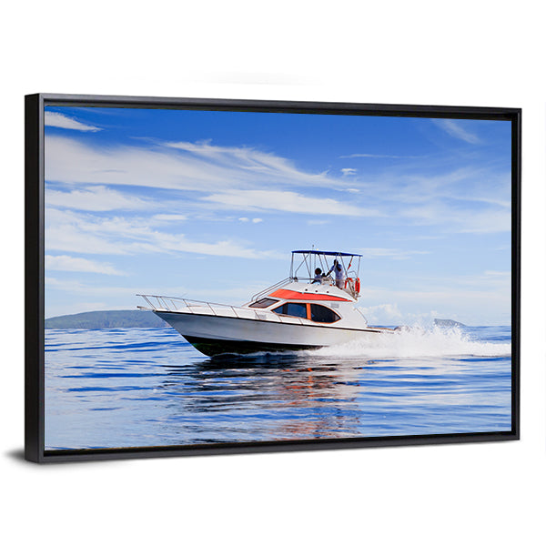Motorboat In Ocean Canvas Wall Art-1 Piece-Floating Frame-24" x 16"-Tiaracle