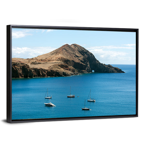 Rocky Island with Anchored Sailboats Canvas Wall Art