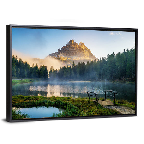 Antorno Lake with Mountain Peak Canvas Wall Art in yellow, green and blue, framed canvas, product view on a white background