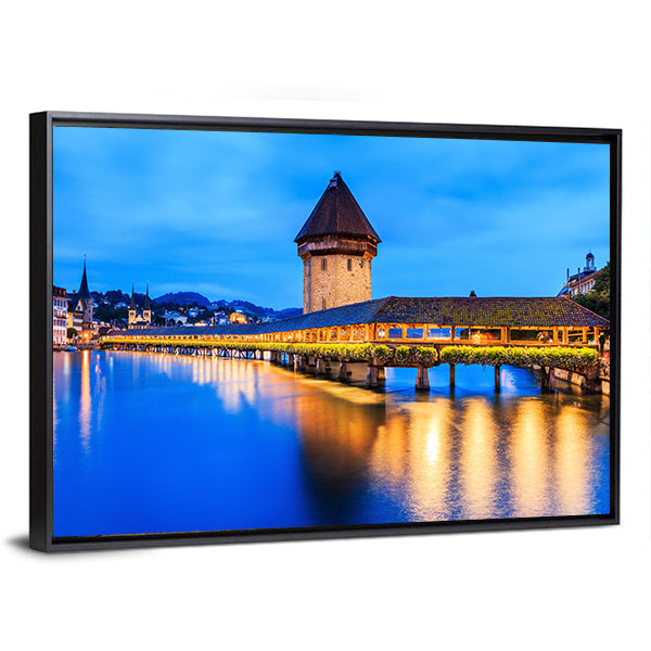 Chapel Bridge In Evening Canvas Wall Art-1 Piece-Floating Frame-36" x 24"-Tiaracle