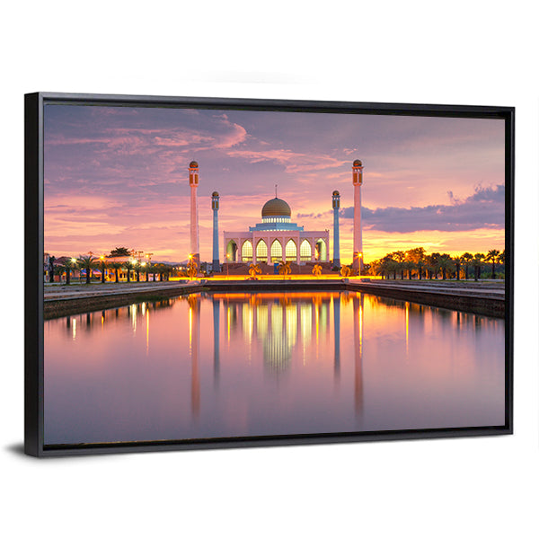 Songkhla Mosque Sunset Reflection Canvas Wall Art in orange, purple and pink, framed canvas, product view on a white background