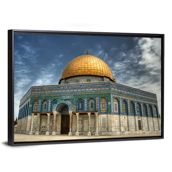 Al Aqsa Mosque in Jerusalem Canvas Wall Art in beige, gold and blue, single panel hung on a wall
