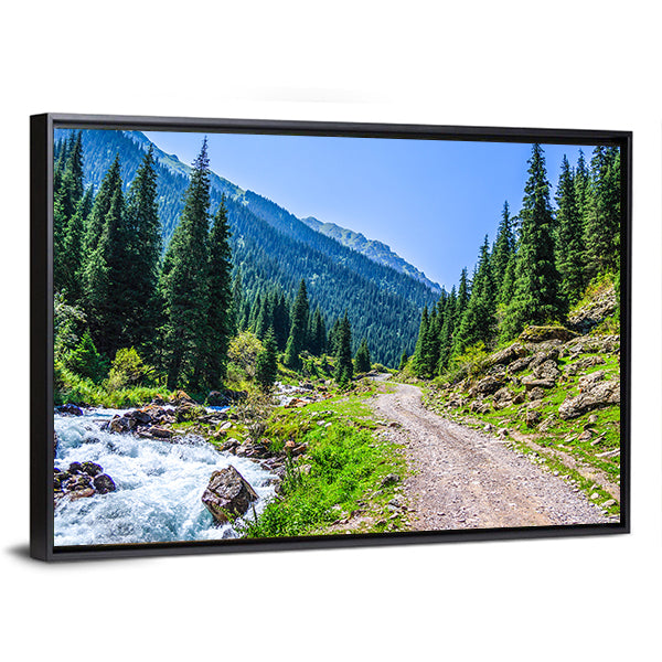 Mountain River Road Canvas Wall Art in brown, green and blue, framed canvas, product view on a white background
