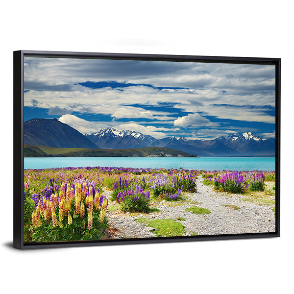 Lake Tekapo with Lupine Path and Mountains Canvas Wall Art