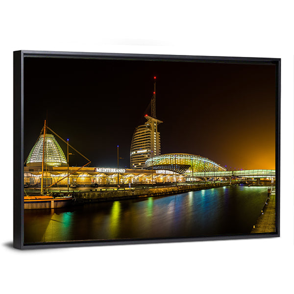 Night Bridge and River in Bremerhaven Canvas Wall Art in black, yellow and blue, framed canvas, product view on a white background