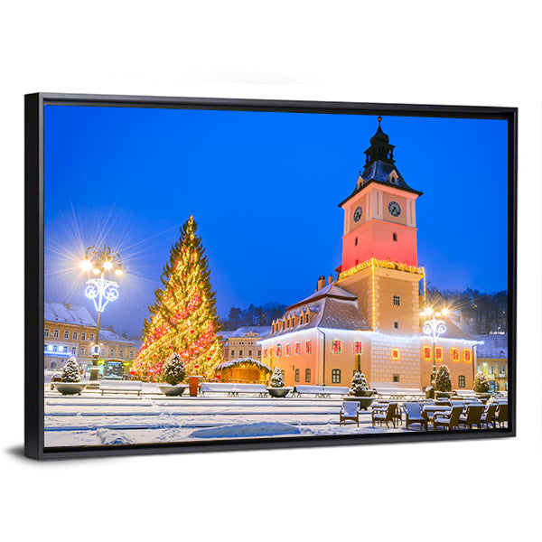 Christmas Market In Brasov Main Square Canvas Wall Art-1 Piece-Floating Frame-36" x 24"-Tiaracle