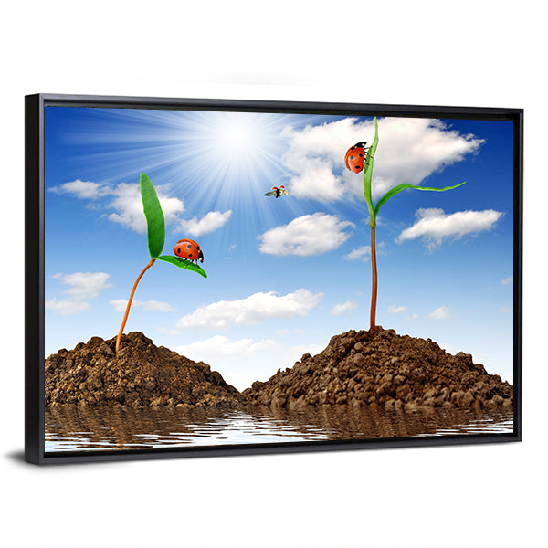 Two Sprouting Plants with Ladybugs Canvas Wall Art