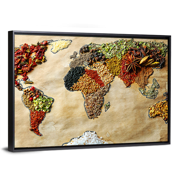 Map Of World Made From Different Spices Canvas Wall Art-1 Piece-Floating Frame-36" x 24"-Tiaracle