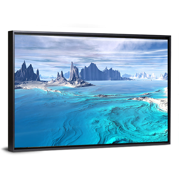 Alien Lake with Pointed Rock Formations Canvas Wall Art