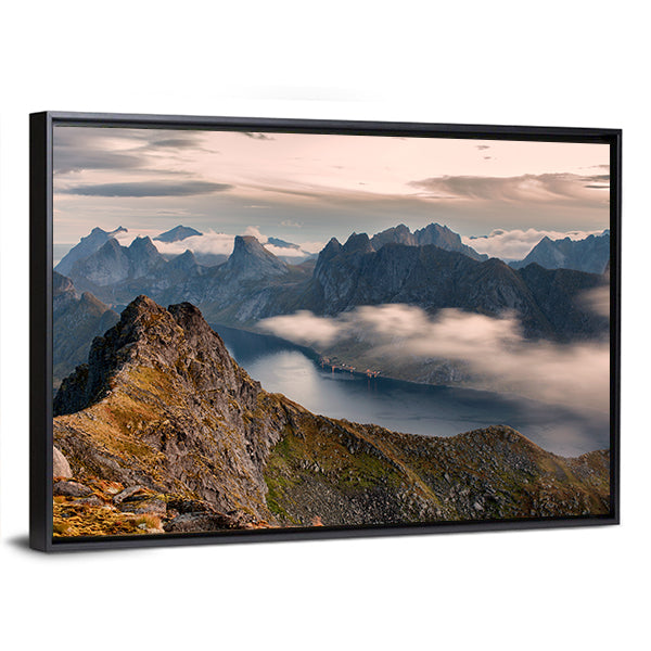 Mountain Landscape In Lofoten Canvas Wall Art-1 Piece-Floating Frame-24" x 16"-Tiaracle