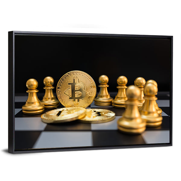 Golden Bitcoin And Chess Board Canvas Wall Art-1 Piece-Floating Frame-36" x 24"-Tiaracle
