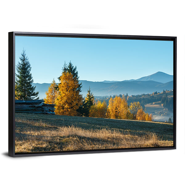 Morning in the Carpathian Mountains Canvas Wall Art in brown, yellow and blue, framed canvas, product view on a white background