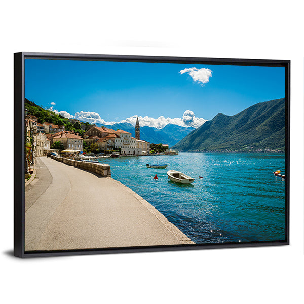 Boka Kotor Bay in Montenegro Canvas Wall Art in gray, green and blue, framed canvas, product view on a white background