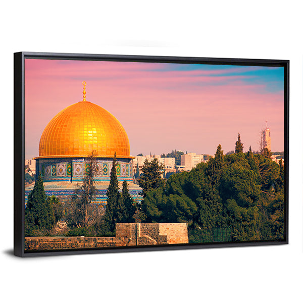 Dome of the Rock, Jerusalem Canvas Wall Art in gold, blue and pink, hung on a wall