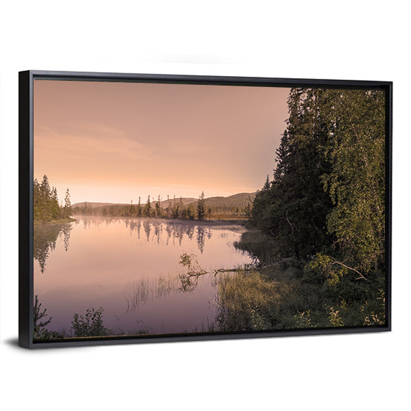 Misty Sunrise Over Lake Canvas Wall Art
