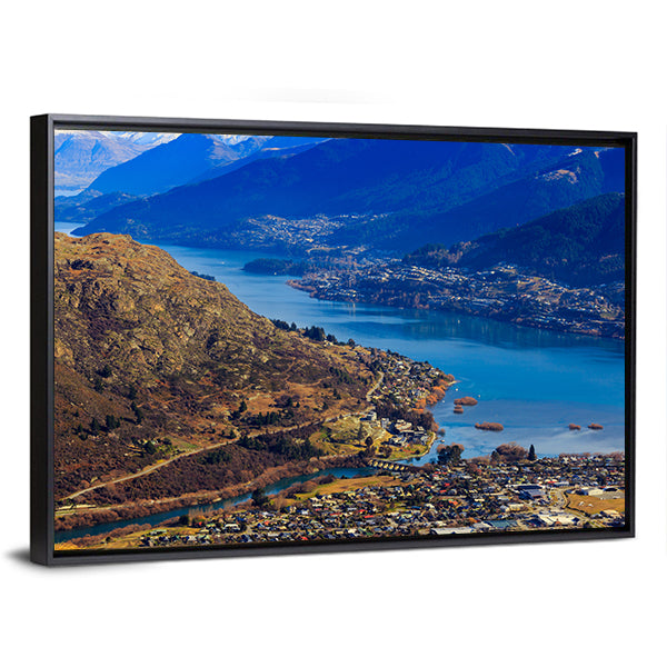 Aerial View Of Frankton And Lake Wakatipu Mountain Canvas Wall Art-1 Piece-Floating Frame-36" x 24"-Tiaracle