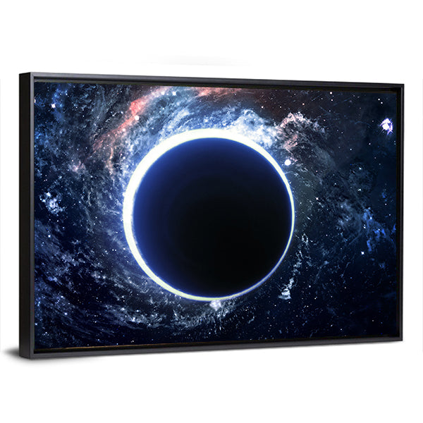Supermassive Black Hole Canvas Wall Art in black, white and blue, framed canvas, product view on a white background