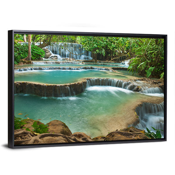 Kuang Si Waterfall Canvas Wall Art-1 Piece-Floating Frame-36" x 24"-Tiaracle
