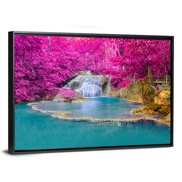 Erawan Waterfall Thailand Canvas Wall Art-1 Piece-Floating Frame-36" x 24"-Tiaracle