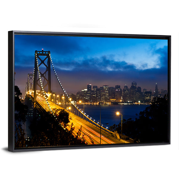 Bay Bridge With San Francisco City Canvas Wall Art-1 Piece-Floating Frame-36" x 24"-Tiaracle