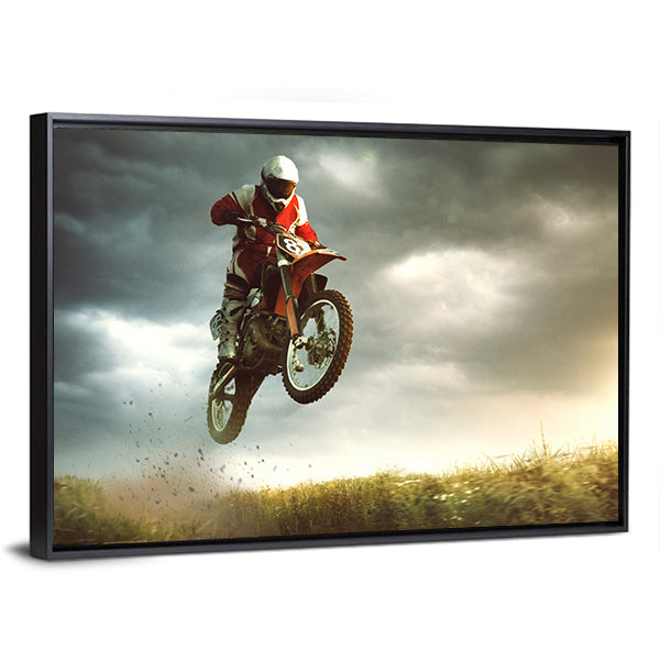 Biker Making A Stunt And Jumps In The Air Canvas Wall Art-1 Piece-Floating Frame-36" x 24"-Tiaracle