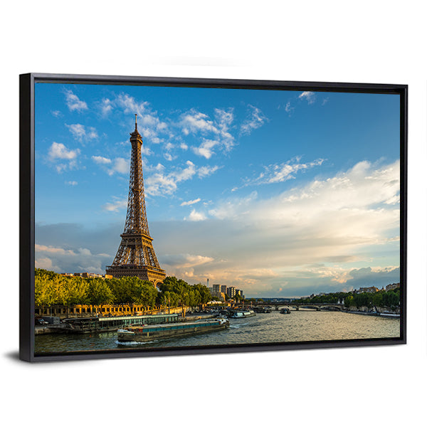 Eiffel Tower and Seine River Canvas Wall Art-1 Piece-Floating Frame-36" x 24"-Tiaracle