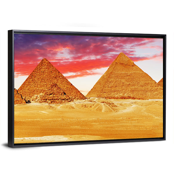 Egyptian Pyramids Canvas Wall Art in red, orange and yellow, framed canvas, product view on a white background