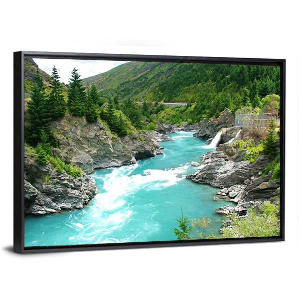 Kawarau River and Forest Canvas Wall Art in gray, green and blue, framed canvas, product view on a white background