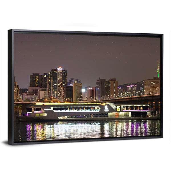 Night City Skyline with Bridge Reflection Canvas Wall Art