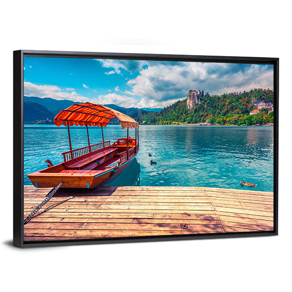 Boat on Lake with Castle and Mountains Canvas Wall Art