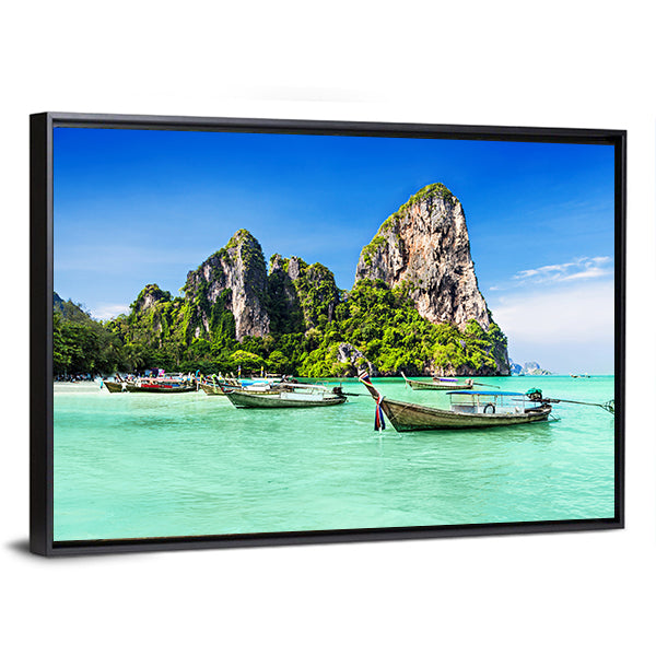 Longtale Boats At Beach Thailand Canvas Wall Art-1 Piece-Floating Frame-36" x 24"-Tiaracle
