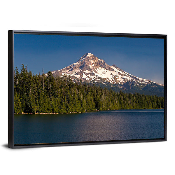 Lake and Mount Hood Canvas Wall Art in white, green and blue, framed canvas, product view on a white background