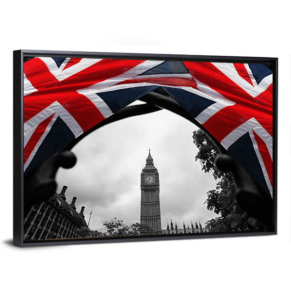 Big Ben With Flag Of England Canvas Wall Art-1 Piece-Floating Frame-36" x 24"-Tiaracle