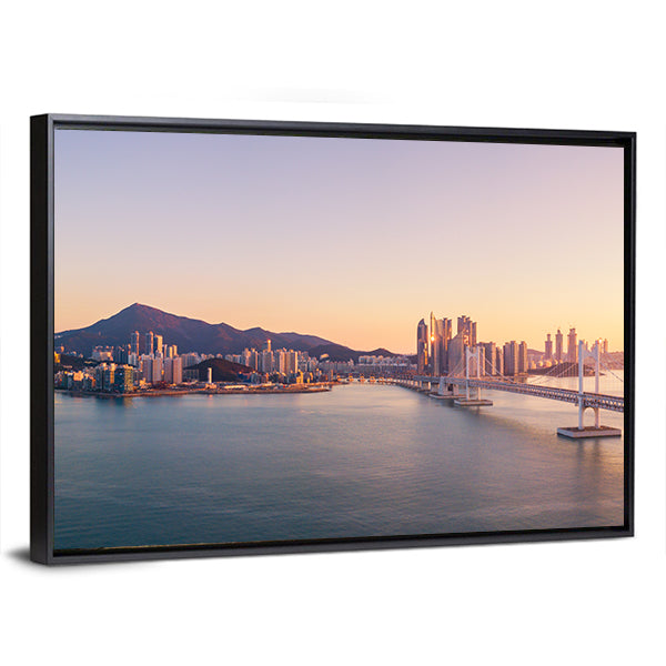 Aerial City Bridge at Sunset Canvas Wall Art