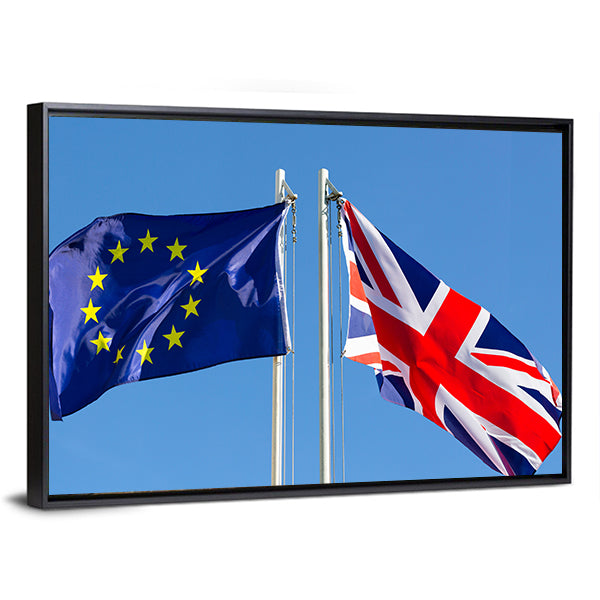 European Union Flag And Flag Of UK Canvas Wall Art-1 Piece-Floating Frame-36" x 24"-Tiaracle