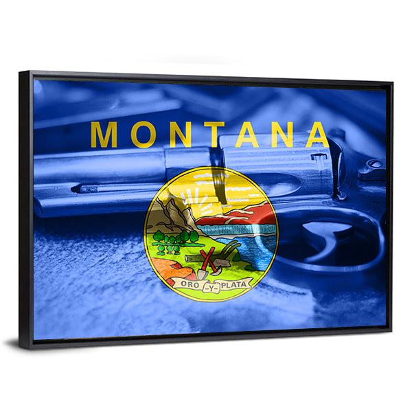 Montana Flag With Gun Canvas Wall Art-1 Piece-Floating Frame-24" x 16"-Tiaracle