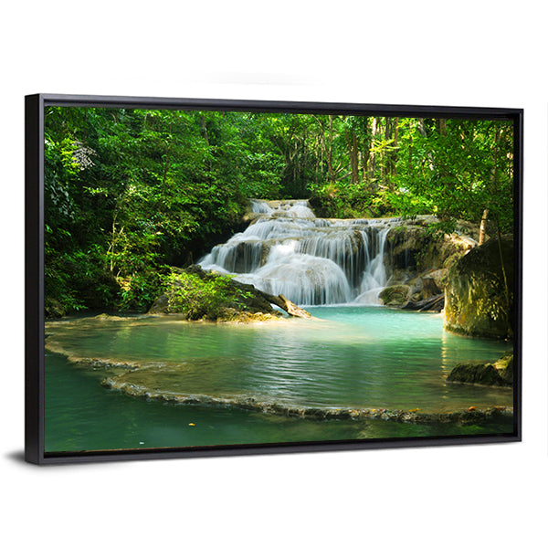 Erawan Waterfall Thailand Canvas Wall Art-1 Piece-Floating Frame-36" x 24"-Tiaracle