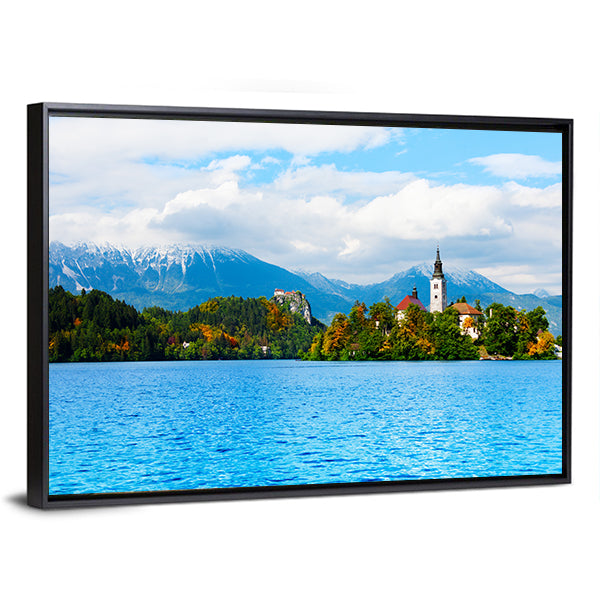 Church And Bled Lake Canvas Wall Art-1 Piece-Floating Frame-24" x 16"-Tiaracle