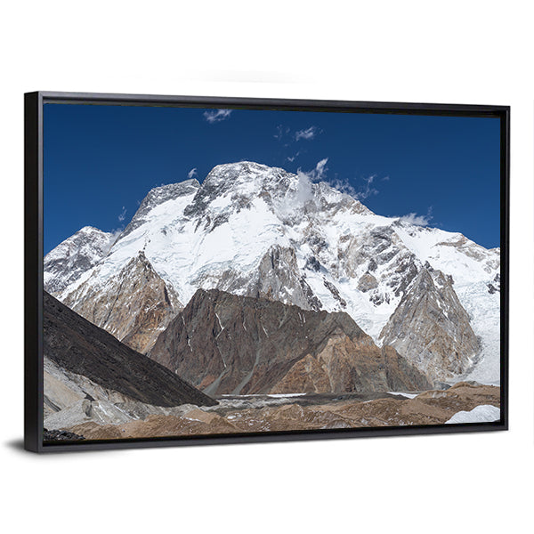 K2 Trek Mountain Landscape Canvas Wall Art in white, brown and blue, framed canvas, product view on a white background