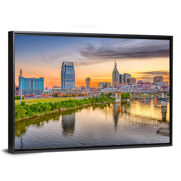 Nashville Downtown Skyline Canvas Wall Art in orange, yellow and blue, framed canvas, product view on a white background