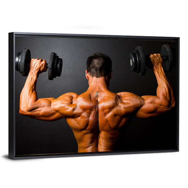 Bodybuilder Training With Dumbbells Canvas Wall Art-1 Piece-Floating Frame-36" x 24"-Tiaracle